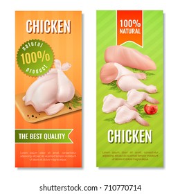 Vertical Banners With Chicken Meat Including Carcass, Fillet, Legs And Wings On Bright Background Isolated Vector Illustration 