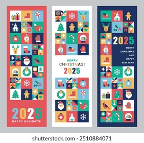 Vertical banners with Christmas and New Year icons in abstract modern geometric flat style.Bauhaus design.Winter holidays.Seasons greetings.Vector illustration set.Templates for invitation and web.