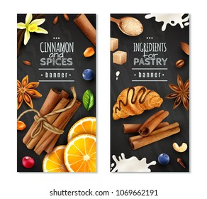 Vertical banners with cinnamon and spices as ingredients for pastry isolated on chalk board background vector illustration 