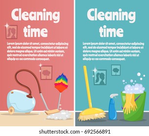 Vertical banners of Cleaning tools and Laundry with cartoon mop, bucket and vacuum cleaner illustration vector.