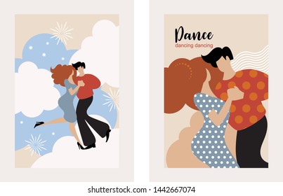  vertical banners with dancing couple, stylized figures of dancing woman and man