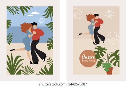  vertical banners with dancing couple, stylized figures of dancing woman and man