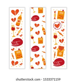 Vertical banners with doodle colorful Anti Valentine's day icons.