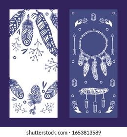 Vertical banners with feathers in boho style, vector illustration. Hand drawn graphic doodles, ethnic elements for wedding invitation or vintage fashion brochure. Creative drawing, feather and crystal