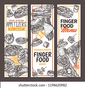 Vertical banners with finger food design. Snacks, appetizers, mini canapes, sandwiches, seafood, hamburger, rolls. Vector illustration in monochrome hand drawn sketch style