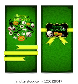 Vertical banners with halloween greeting compositions and yellow ribbons on green textured background isolated vector illustration