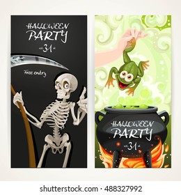 Vertical banners for Halloween party with Death with a scythe and arm throwing a toad in a magic potion cauldron
