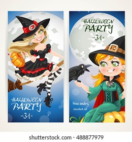 Vertical banners for Halloween party with witch flying on a broom and sit on pumpkin with crow on full moon background