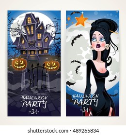 Vertical banners for Halloween party with Witch and her home on full moon background