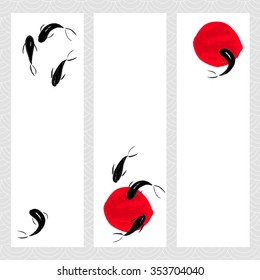 Vertical banners with hand drawn ink koi in traditional Japanese sumi-e style. Template for your design.