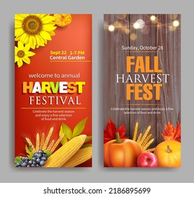 Vertical banners for harvest festival. Invitation for autumn crop fest. Vector set.