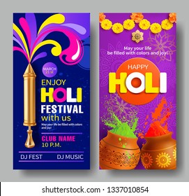 Vertical banners for Indian festival Holi (Holika Dahan) with pichkari (sprayer) and gulal (dye). Vector set.