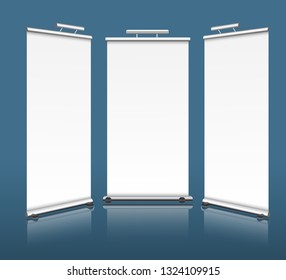 Vertical banners, layouts of exhibition stands. Three pieces for your design. Empty template to insert pictures. Isolated vector illustration