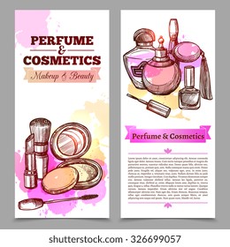 Vertical banners like perfume and cosmetics advertising booklet with text and hand drawn elements isolated vector illustration