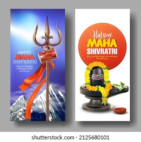 Vertical banners for Maha Shivratri, a Hindu festival celebrated of Lord Shiva. Greeting cards with trishul (trident) and Lingam. Vector set.