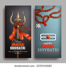 Vertical banners for Maha Shivratri, a Hindu festival celebrated of Lord Shiva. Greeting cards with trishul (trident), Shiva tilaka (tripundra) and Rudraksha (beads). Vector set.