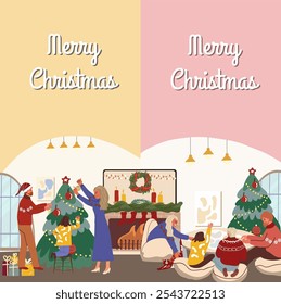 Vertical banners Merry Christmas, Christmas preparations at home, indoors, happy people, family. Hand drawn vector illustration.