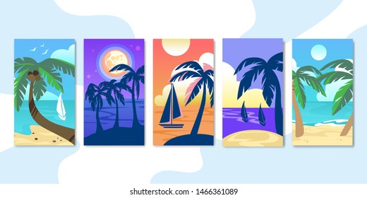 Vertical Banners, Mobile App Page Onboard Screen Set for Website, Exotic Beach with Palm Trees and Sea View at Day, Night, Morning, Evening Time, Summer Time Vacation, Cartoon Flat Vector Illustration