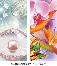 Vertikale Banner mit Perlen und Blumen
