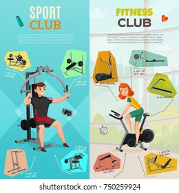 Vertical banners with people and exercise equipment of sport club on pastel background isolated vector illustration 