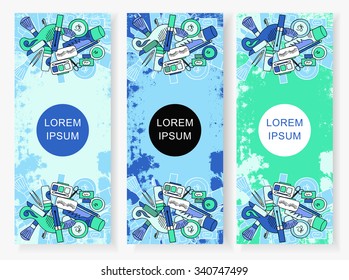 The vertical banners to the perfumery and cosmetic booklet with hand-drawn elements of isolated vector illustrations