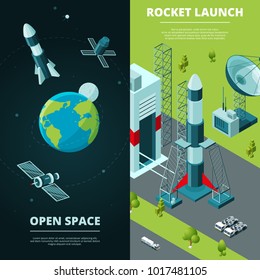 Vertical Banners With Pictures Of Space Travel And Launch Pad In Spaceport. Travel Rocket And Spaceship Shuttle. Vector Illustration