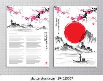 Vertical banners with rocky landscape, fisherman and blossoming sakura branches  in traditional japanese sumi-e style.  Vector illustration.