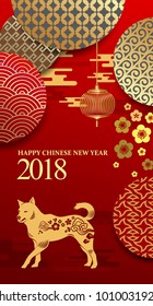 Vertical Banners Set with 2018 Chinese New Year Elements. Vector illustration. Asian Lantern, Clouds and Patterns in Modern Style, Red and Gold. Hieroglyph Zodiac Sign Dog