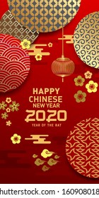 Vertical Banners Set with 2020 Chinese New Year Elements. Vector illustration. Asian Lantern, Clouds and Patterns in Modern Style, Red and Gold. Hieroglyph Zodiac Sign Rat