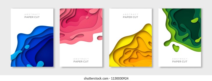 Banners verticales con formas de corte de papel y fondo abstracto 3D. Diseño de vectores para presentaciones de negocios, volantes, carteles e invitaciones. Arte de tallado colorido