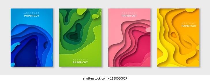 Banners verticales con formas de corte de papel y fondo abstracto 3D. Diseño de vectores para presentaciones de negocios, volantes, carteles e invitaciones. Arte de tallado colorido