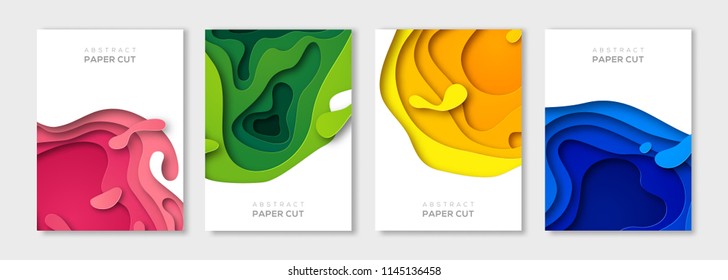 Vertical banners set with 3D abstract background and paper cut shapes. Vector design layout for business presentations, flyers, posters and invitations. Colorful carving art