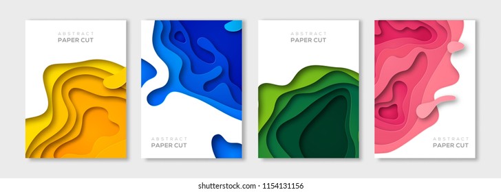 Banners verticales con formas de corte de papel y fondo abstracto 3D. Diseño de vectores para presentaciones de negocios, volantes, carteles e invitaciones. Arte de tallado colorido