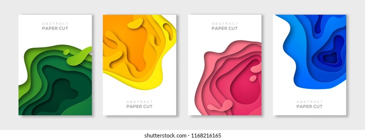 Vertical banners set with 3D abstract background and paper cut shapes. Vector design layout for business presentations, flyers, posters and invitations. Colorful carving art