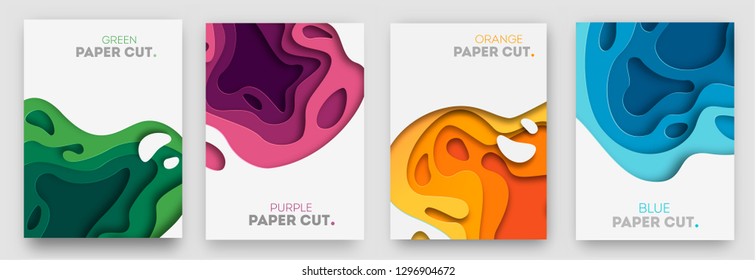 Banners verticales con formas de corte de papel y fondo abstracto 3D. Diseño de vectores para presentaciones de negocios, volantes, carteles e invitaciones. Arte colorido de tallado, ceps. 110