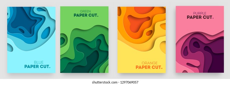 Vertical banners set with 3D abstract background and paper cut shapes. Vector design layout for business presentations, flyers, posters and invitations. Colorful carving art eps 110