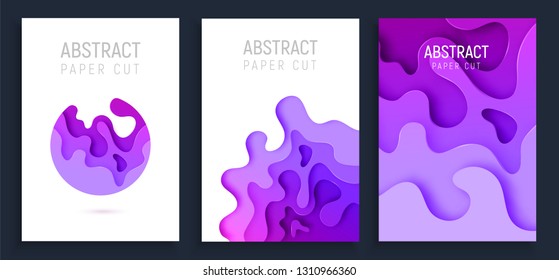 Vertical banners set with 3D abstract paper cut waves and background with the most popular color proton purple. Vector design layout for business presentations, flyers, posters and invitations.