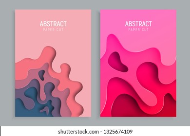 Vertical banners set with 3D abstract paper cut waves and background with the most popular color Plastic Pink. Vector design layout for business presentations, flyers, posters and invitations.