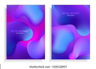 Vertical banners set with 3D abstract background with blue and purple wave motion flow, fluid gradient shapes. Futuristic design posters.