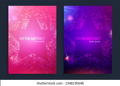 Vertical banners set with 3D abstract plastic pink, blue and proton purple mesh star background with circles, lens flares and glowing reflection. Set with 3D abstract background in trend colors.