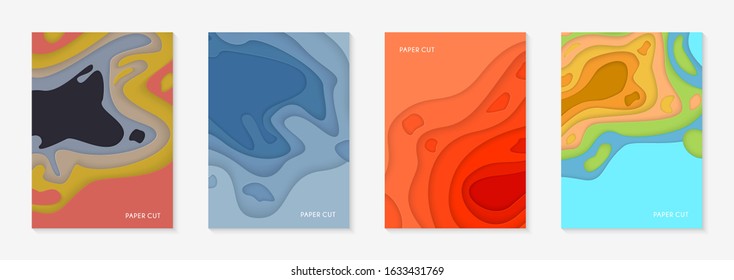 Vertical banners set with 3D abstract background and paper cut shapes. Colorful carving art design layout for business presentations, flyers, posters and invitations.  Vector Illustration.
