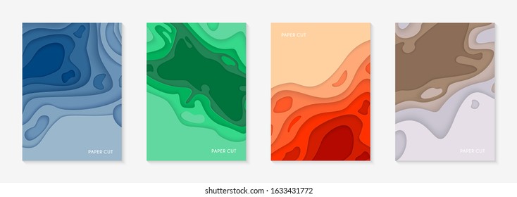 Vertical banners set with 3D abstract background and paper cut shapes. Colorful carving art design layout for business presentations, flyers, posters and invitations.  Vector Illustration.
