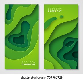 Vertical banners set 3D abstract background, green paper cut shapes. Vector design layout for business presentations, flyers, posters and invitations. Carving art, environment and ecology elements