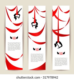 Vertical banners set. Black acrobat silhouette with red ribbon. Aerial silk dancer. Gymnast woman doing exercises. Yoga with hammock or anti gravity yoga. Typographic template for Your text. Vector.