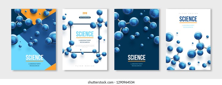 Vertical banners set with blue 3d molecules. Vector design layout for business presentations, medical flyers, posters and science brochures. Molecular structure with spherical particles