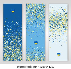 Vertical banners set with blue yellow confetti and paper heart in Ukrainian flag colors. Vector templates for brochure design, certificates, flyers