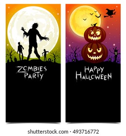 Vertical  banners set design, Happy Halloween and Zombies party,  illustration
