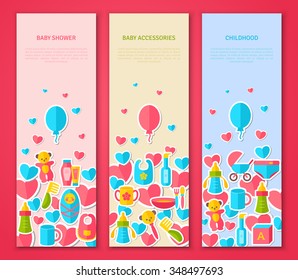 Vertical Banners Set with flat baby goods stickers. Vector Illustration. New born baby, toys, breakfast, baby cosmetics, mother's love. Baby Shower Invitation template
