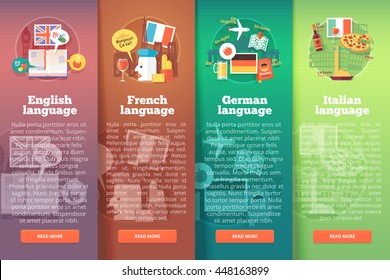 Vertical banners set of foreign language schools. Flat vector colorful illustration concepts of British English, French, German and Italian languages. For brochure, booklet, print and web materials.