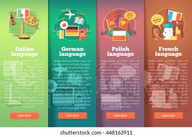 Vertical banners set of foreign language schools. Flat vector colorful illustration concepts of Italian, German, Polish and French languages. For brochure, booklet, print and web materials.